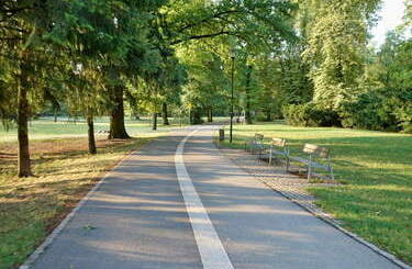 Ścieżka rowerowa w parku, a obok ławka na odpoczynek.